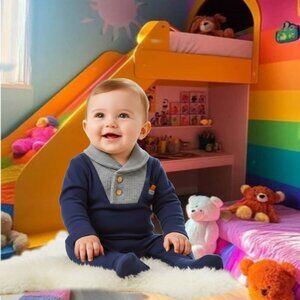 MINICLASIX Navy Blue Footed Bodysuit Shawl Collar Infant Sz 6 Months